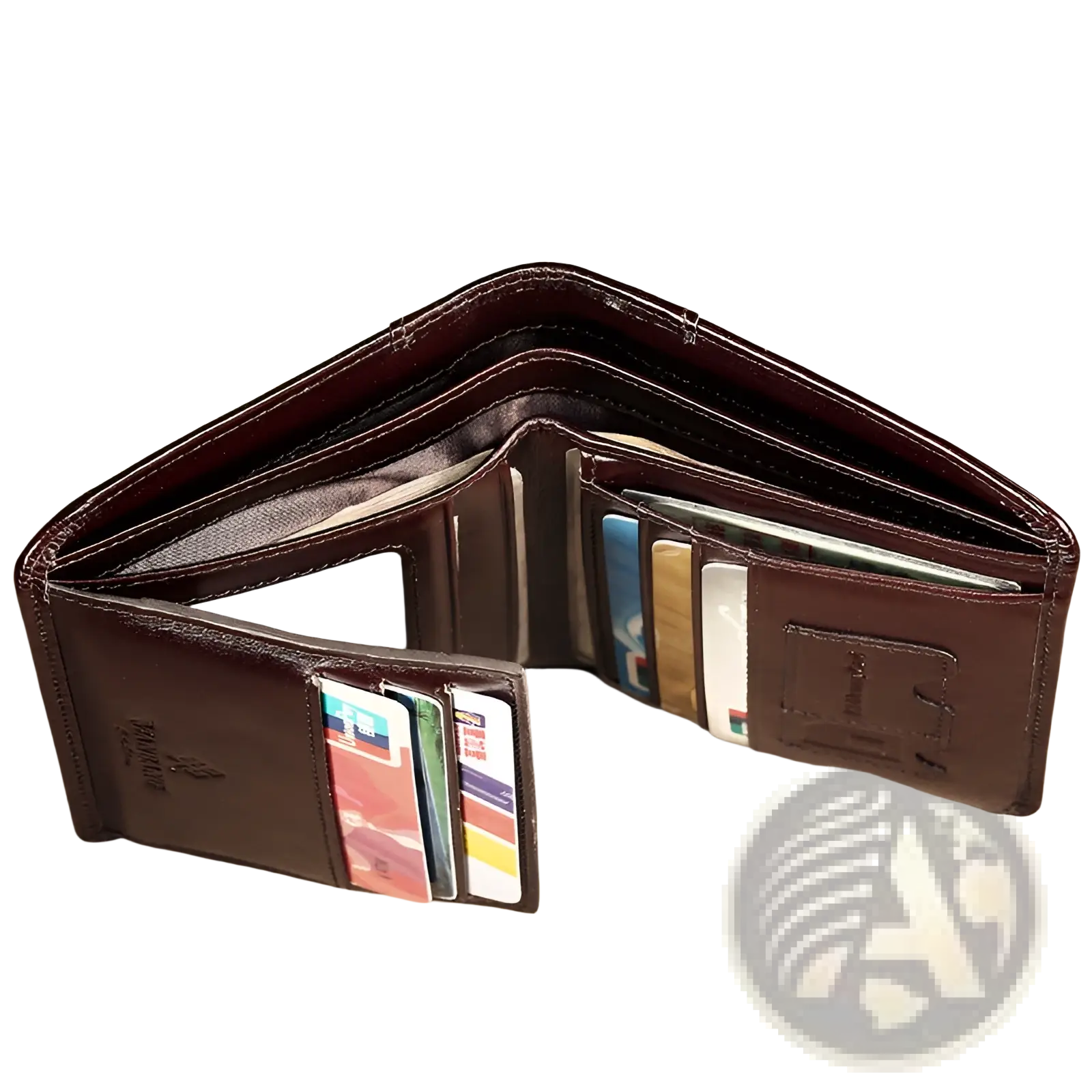 Men’s brown leather wallet with multiple card slots and a small embossed logo on the front