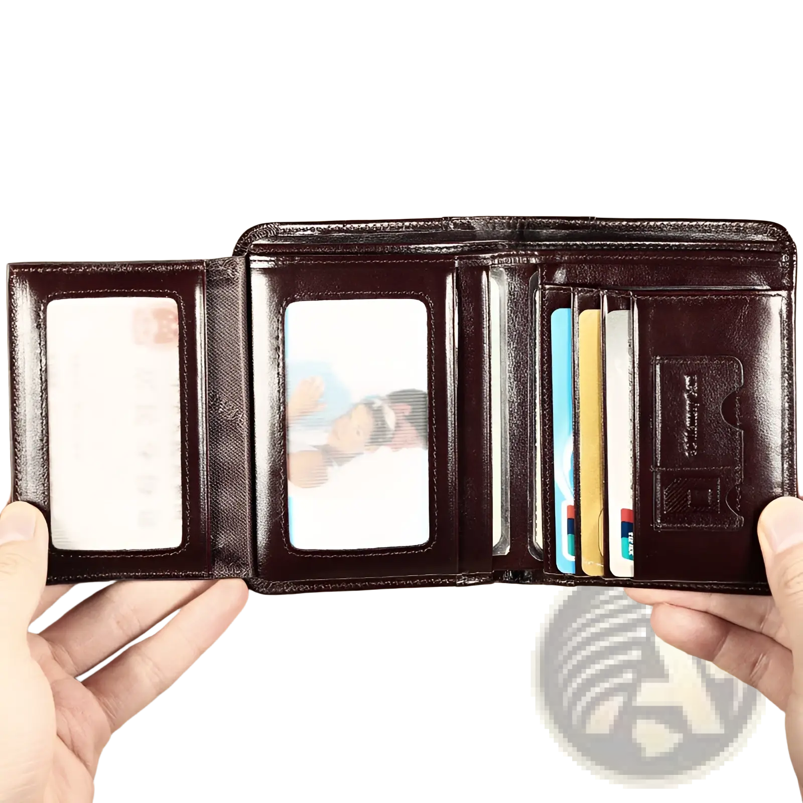 Men’s brown leather tri fold wallet featuring multiple card slots and id windows for organized storage