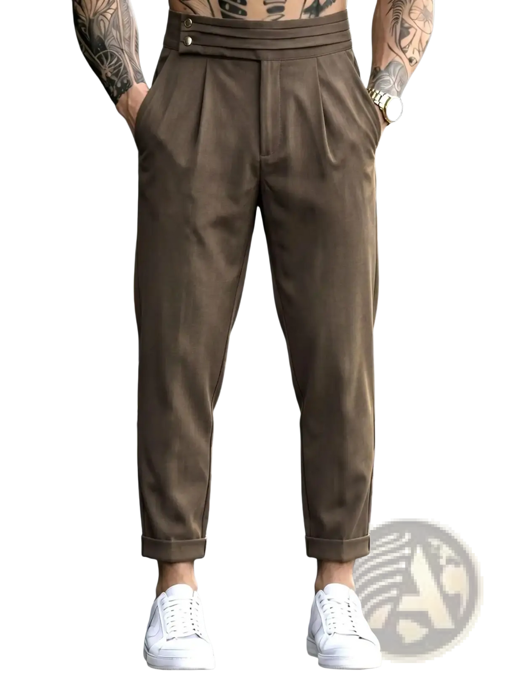Men’s brown pleated tapered suit pants with tailored fit and rolled cuffs in a formal style