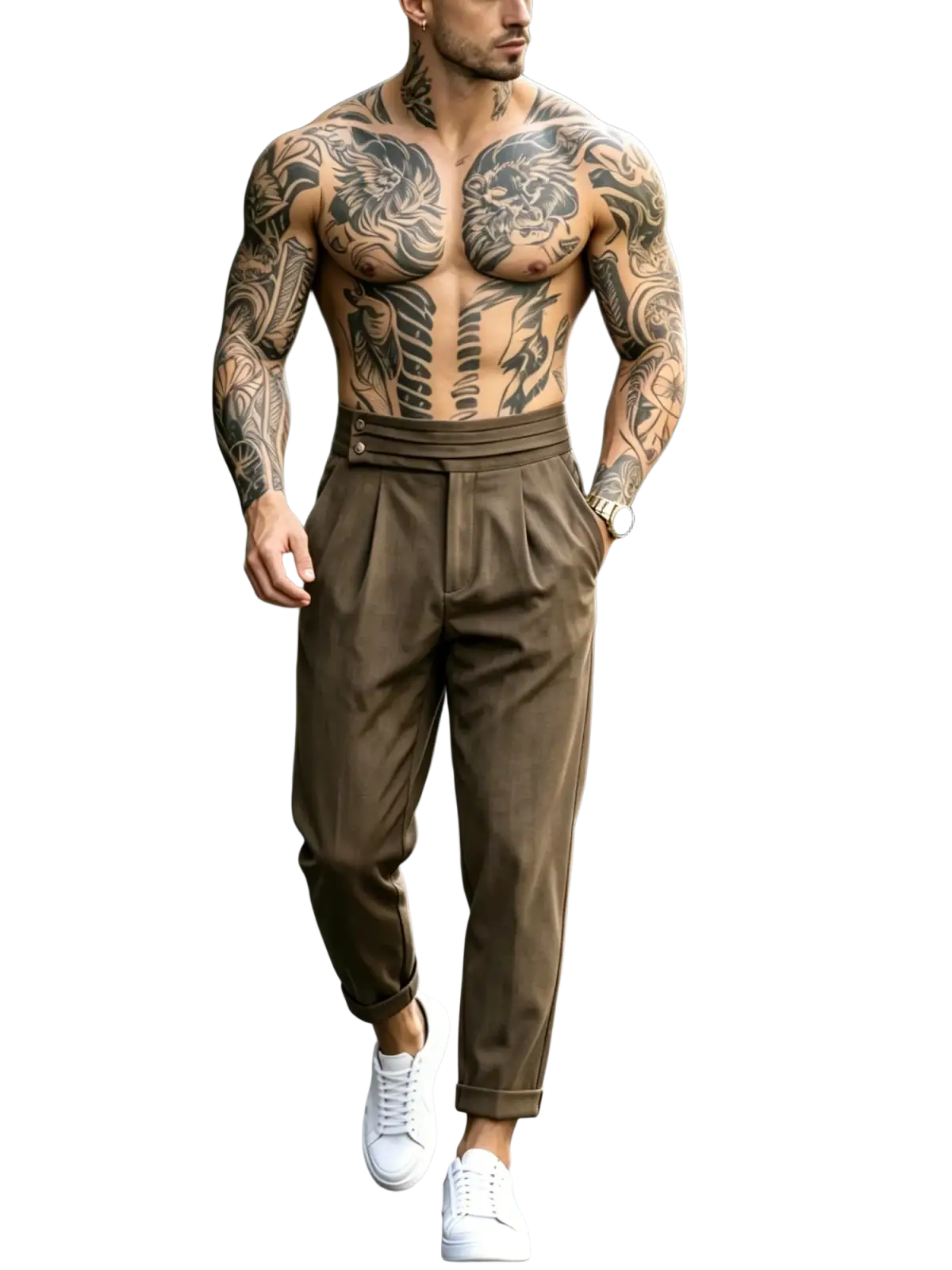 Men’s brown pleated tapered suit pants with a high waist and rolled cuffs made from durable fabric