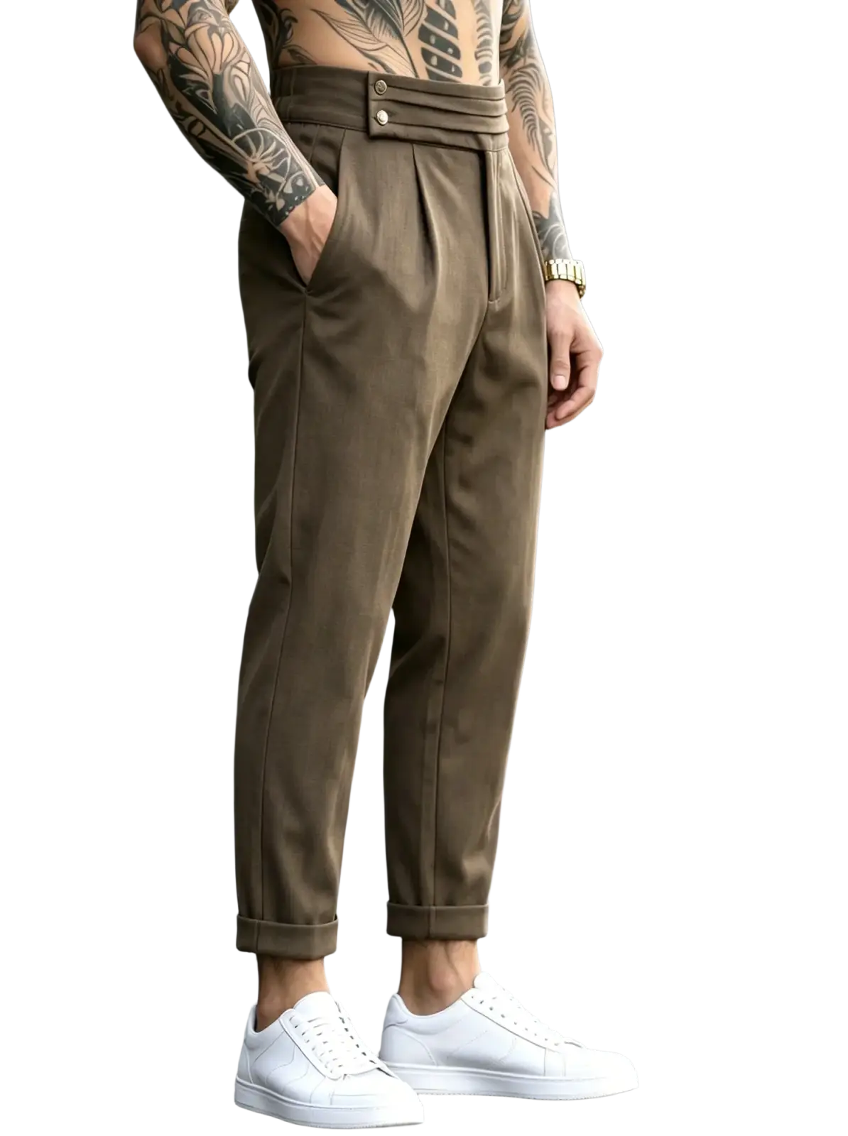 Men’s brown pleated tapered suit pants with tailored fit and rolled cuffs in a formal fabric