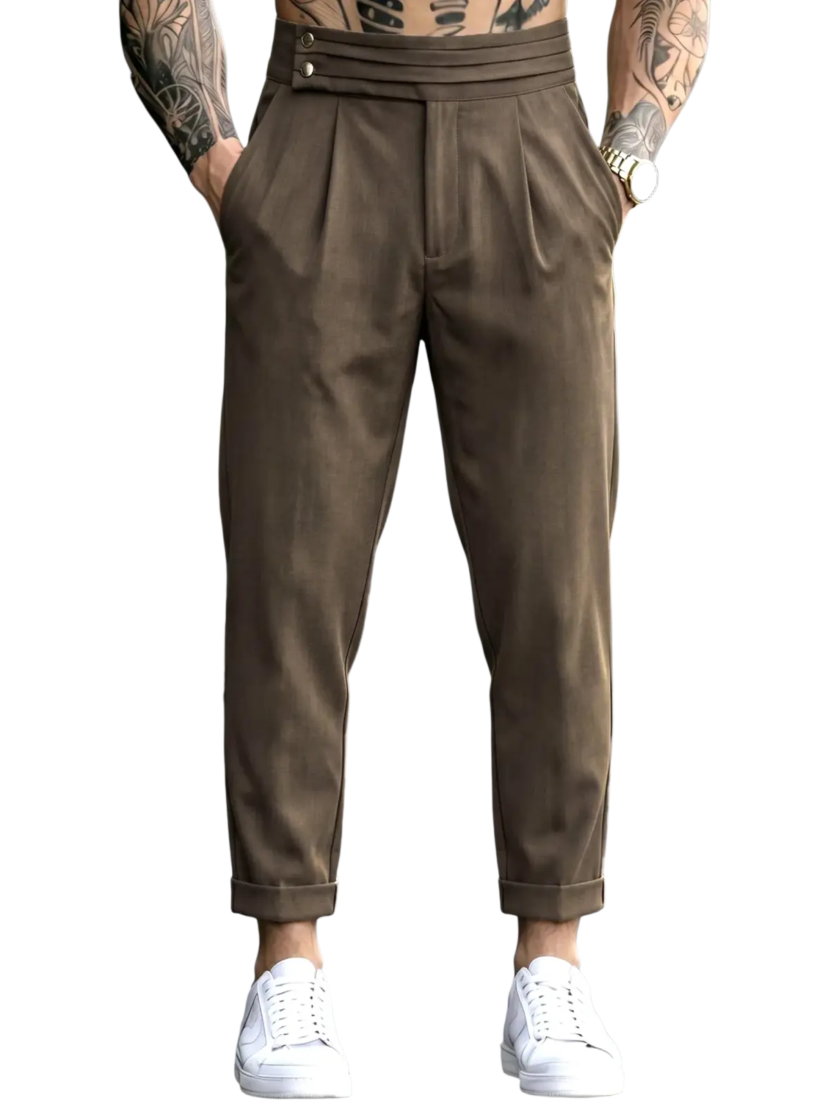 Men’s brown pleated tapered suit pants with a tailored fit, pleats, and rolled cuffs for a polished look