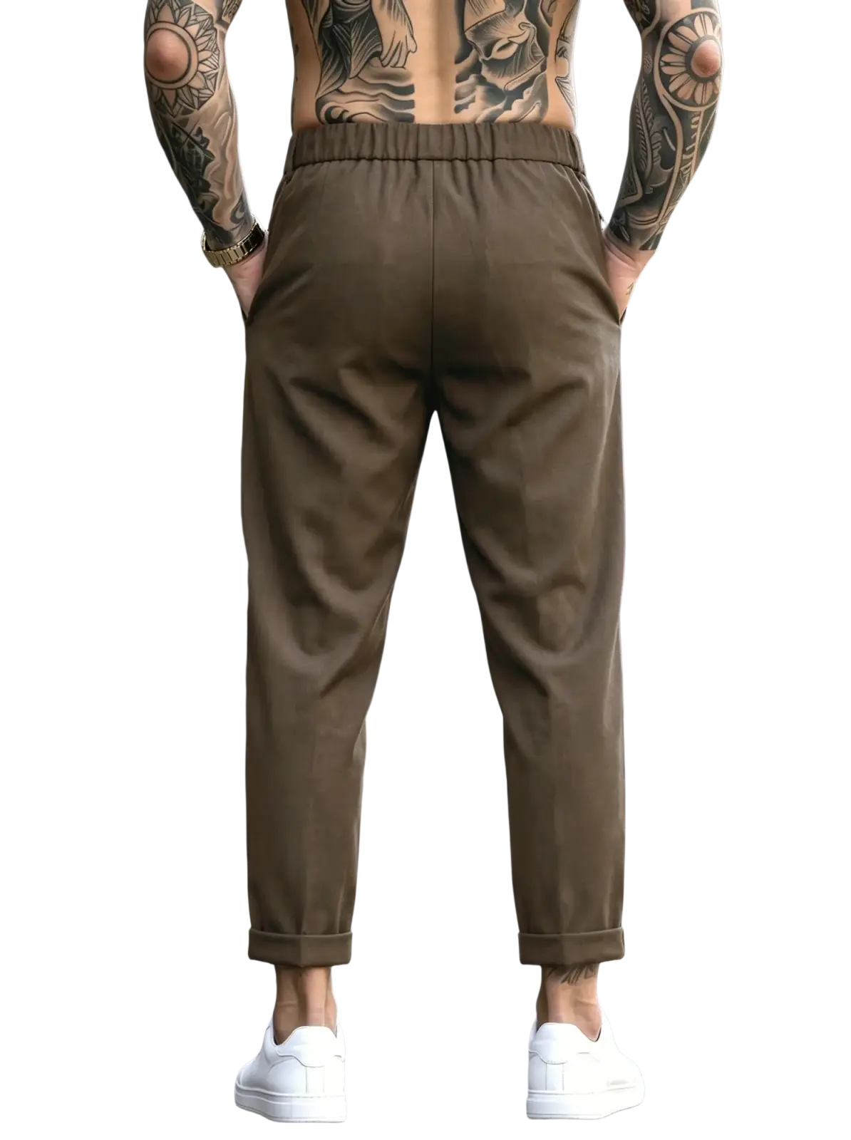 Men’s brown pleated tapered suit pants with elastic waistband and rolled cuffs made from soft fabric