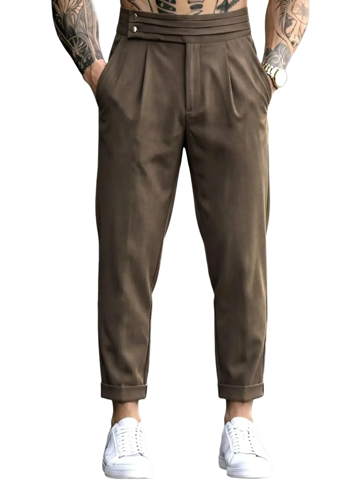 Men’s brown pleated tapered suit pants with tailored fit and rolled cuffs in a formal style