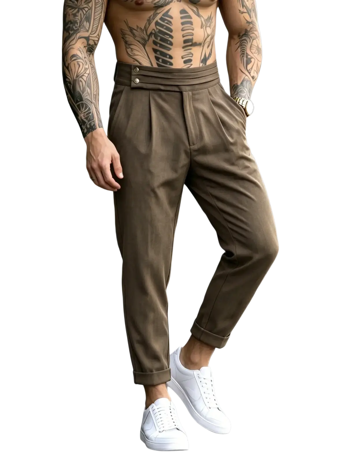 Men’s brown pleated tapered suit pants with high-waisted design and rolled cuffs in a formal style