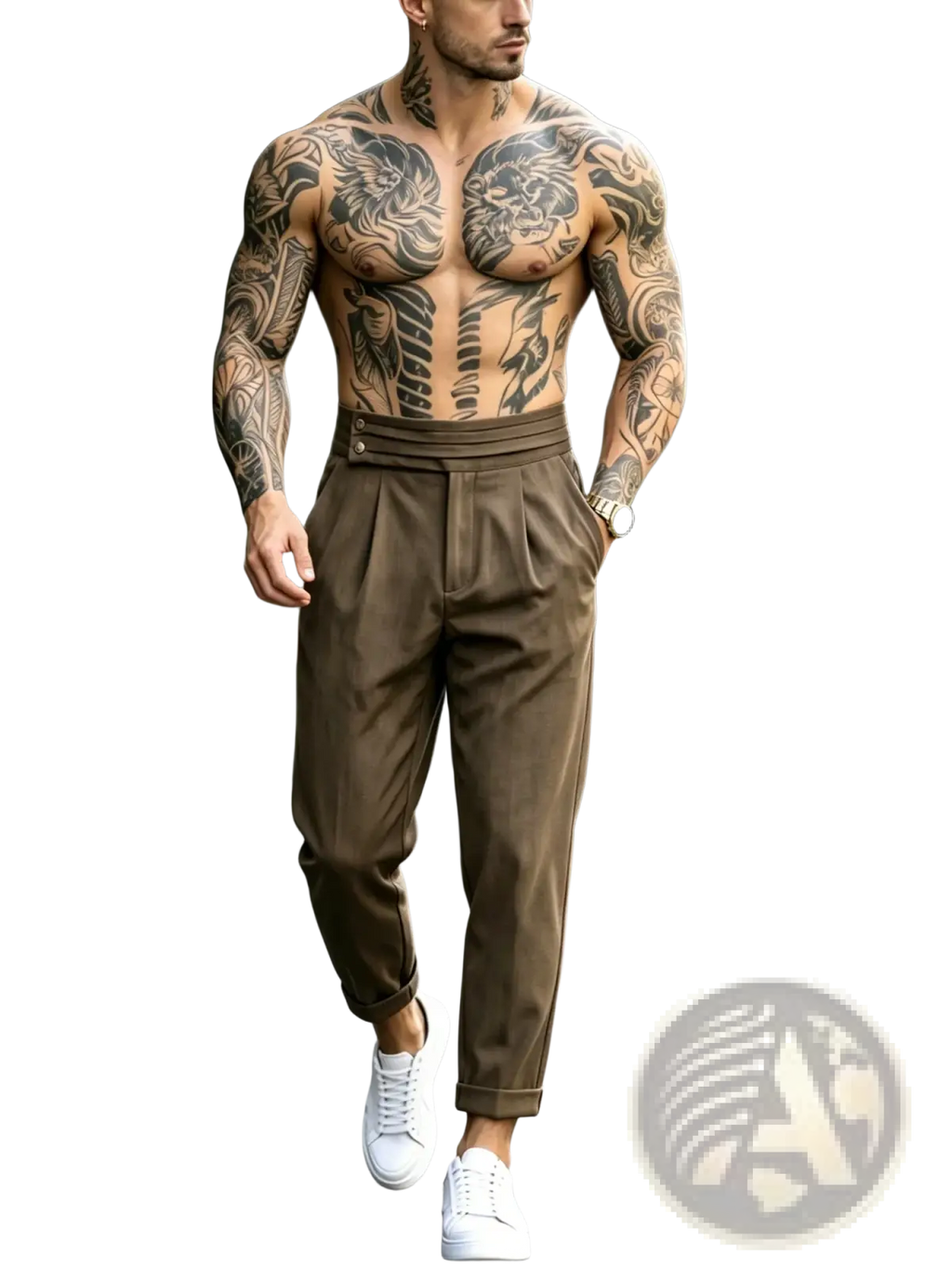 Men’s brown pleated tapered suit pants with a high waist and rolled cuffs made from durable fabric