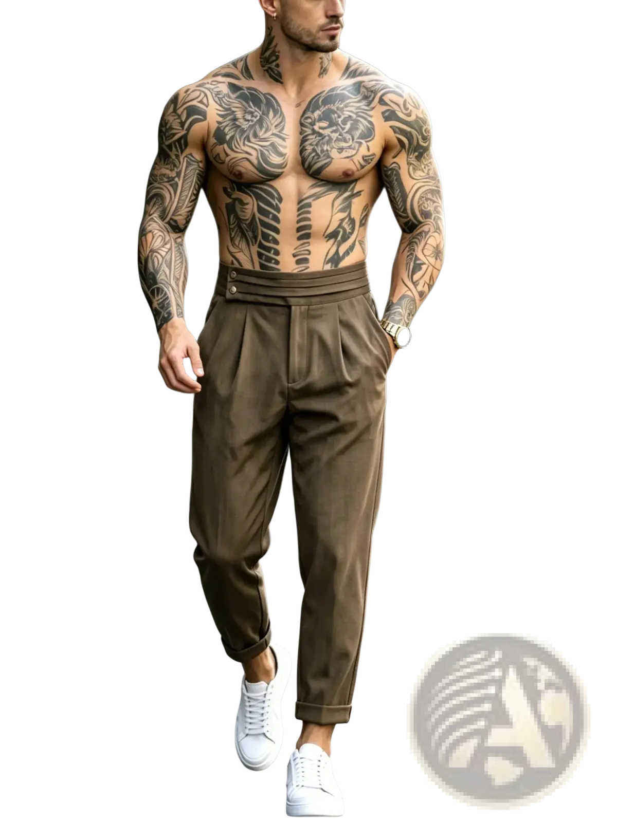 Men’s brown pleated tapered suit pants with a high waist and rolled cuffs made from durable fabric