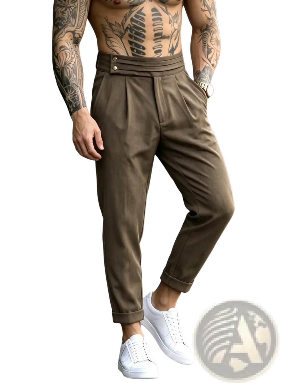 Men’s brown pleated tapered suit pants with high-waisted design and rolled cuffs in a formal style