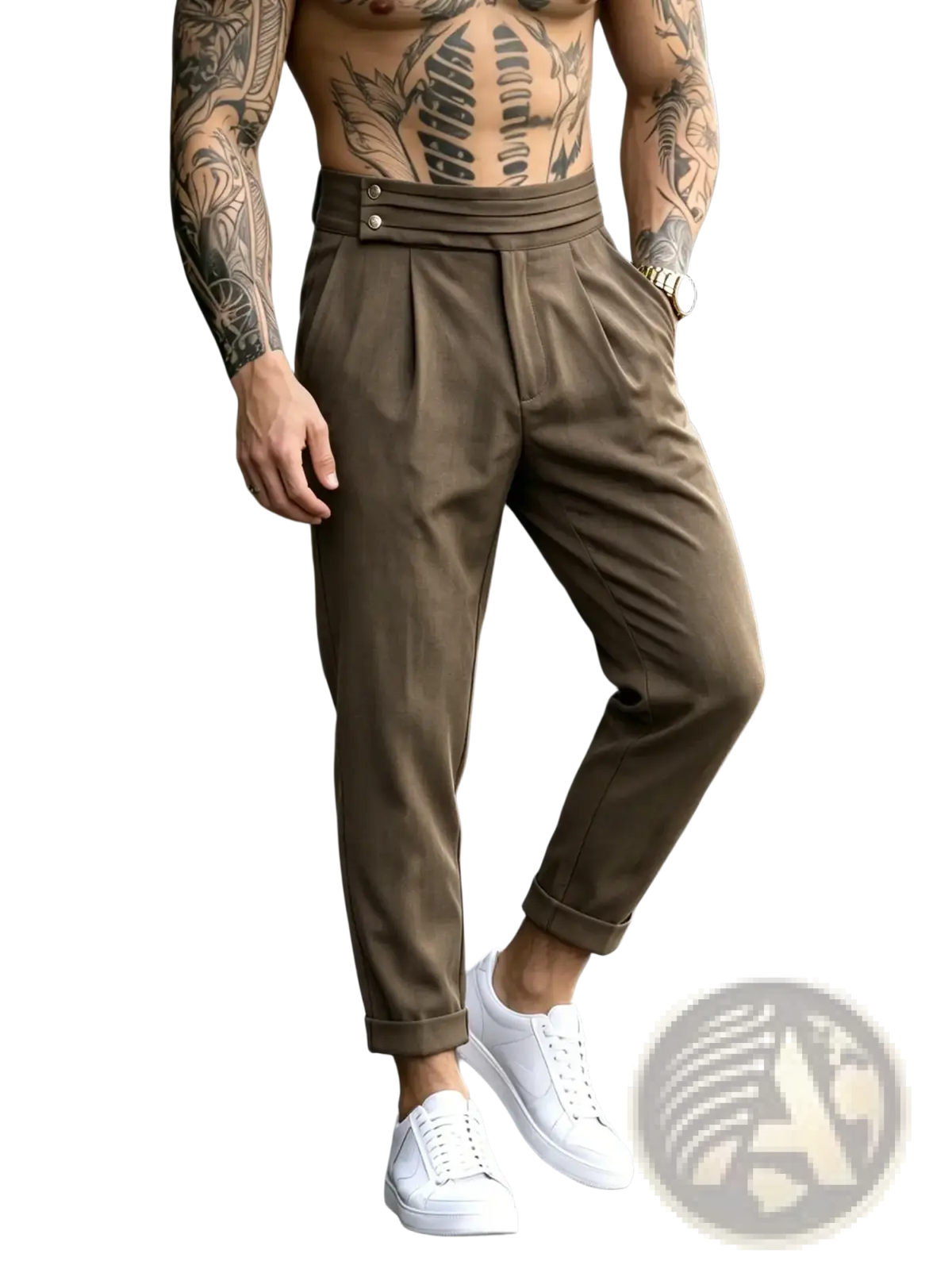 Men’s brown pleated tapered suit pants with high-waisted design and rolled cuffs in a formal style