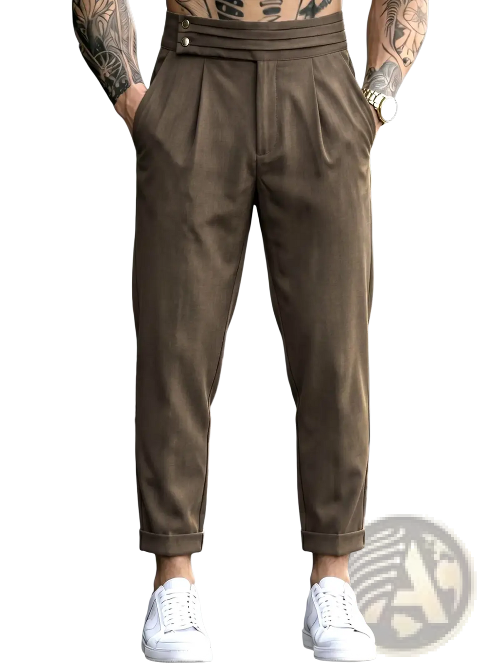 Men’s brown pleated tapered suit pants with a tailored fit, pleats, and rolled cuffs for a polished look