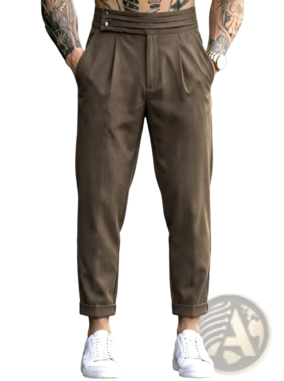 Men’s brown pleated tapered suit pants with a tailored fit, pleats, and rolled cuffs for a polished look
