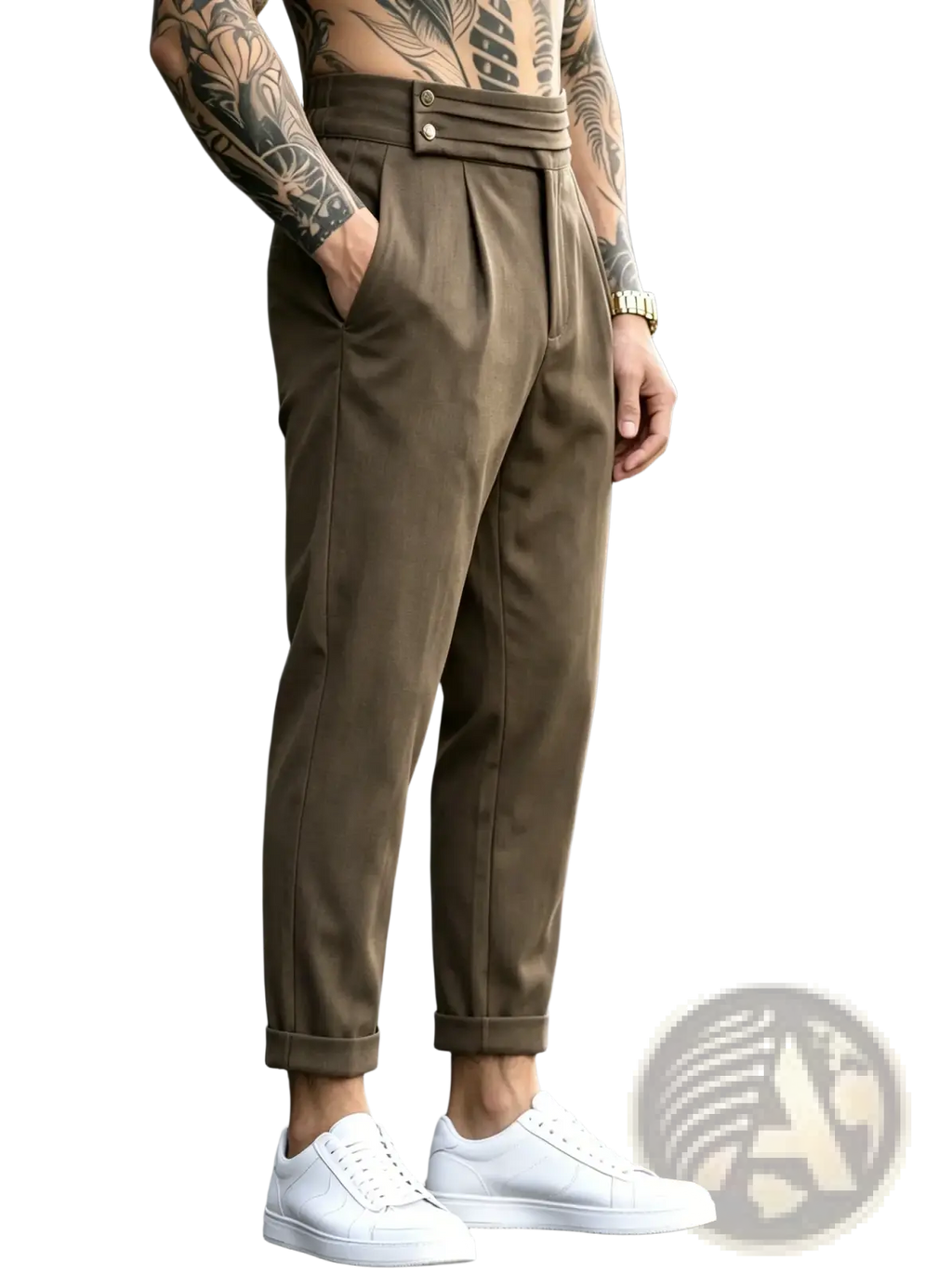 Men’s brown pleated tapered suit pants with tailored fit and rolled cuffs in a formal fabric