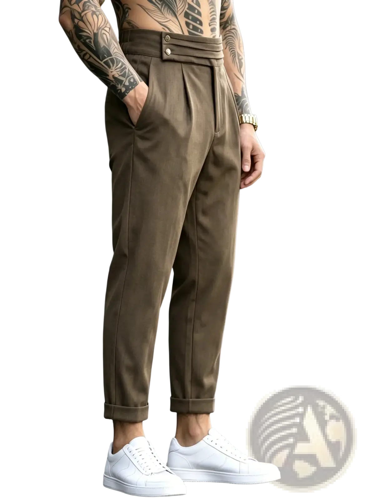 Men’s brown pleated tapered suit pants with tailored fit and rolled cuffs in a formal fabric