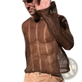 Mens brown sheer knit long sleeve top featuring a semi-transparent ribbed knit fabric with a loose fit
