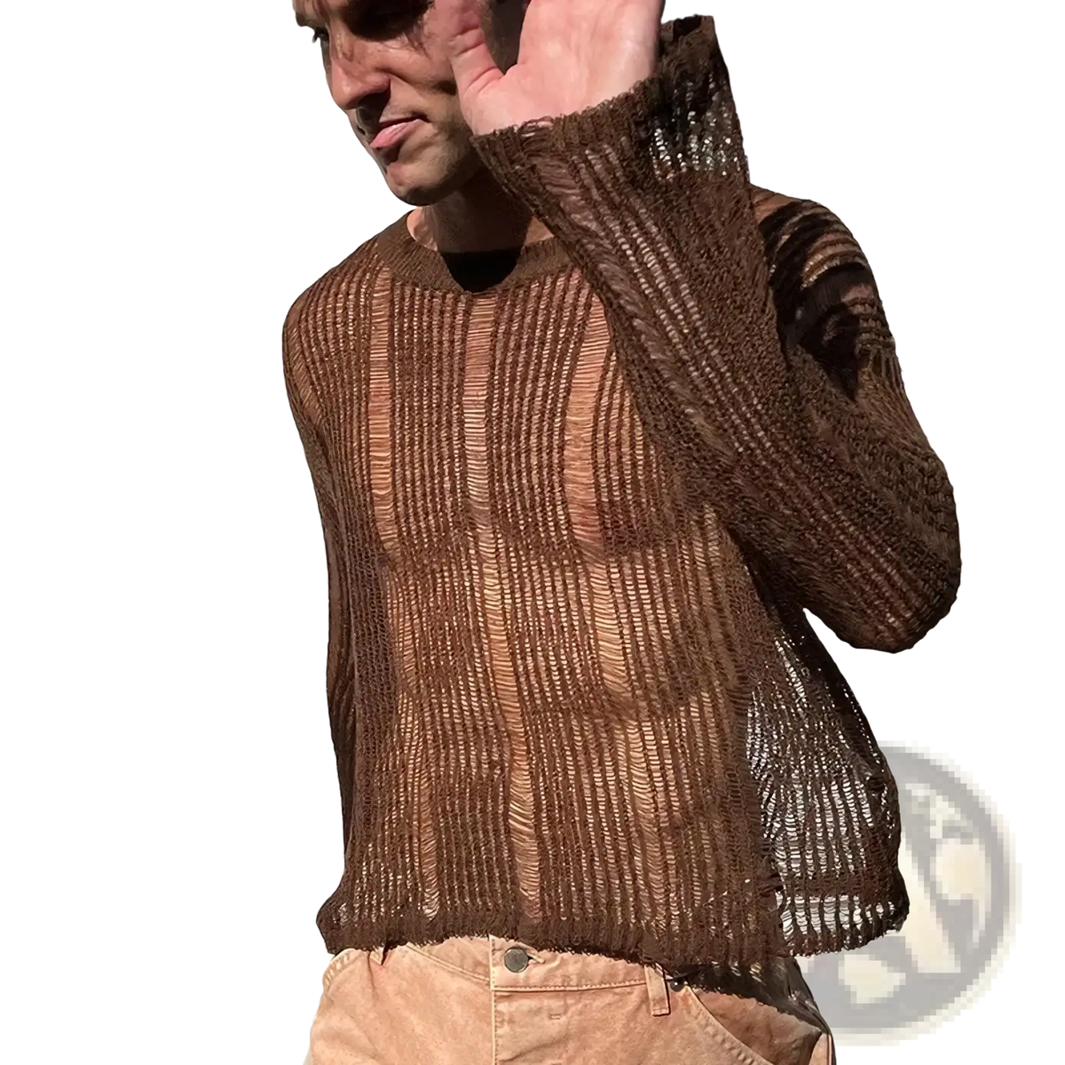 Mens brown sheer knit long sleeve top featuring a semi-transparent ribbed knit fabric with a loose fit