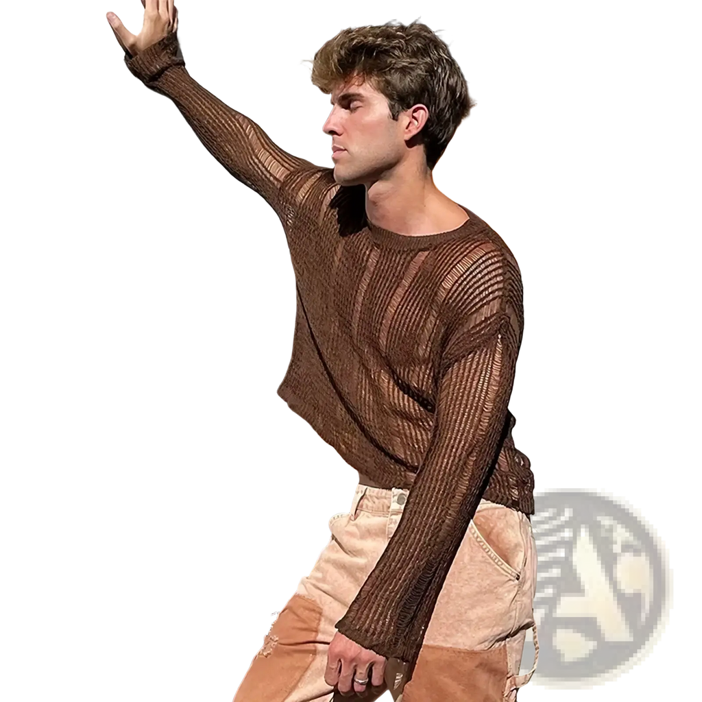 Mens brown sheer knit long sleeve top made of ribbed fabric showcasing a lightweight design