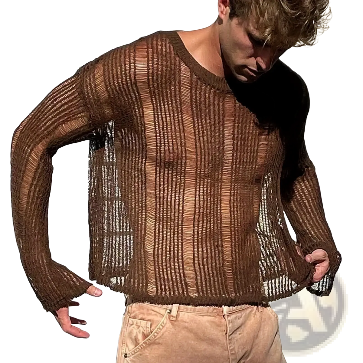 Mens brown sheer knit long sleeve top featuring a ribbed knit semi-transparent crew neck sweater design