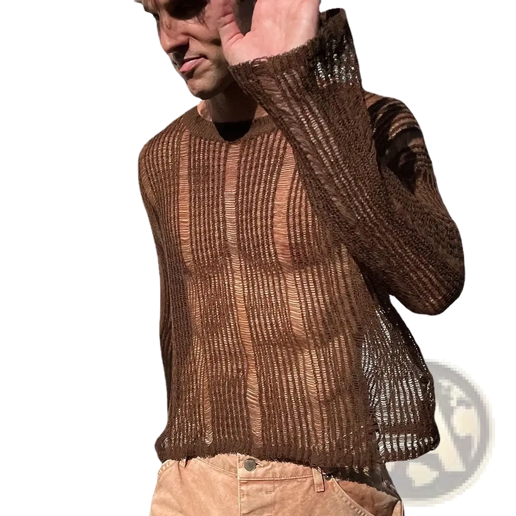 Mens brown sheer knit long sleeve top featuring a ribbed knit and semi transparent mesh like texture