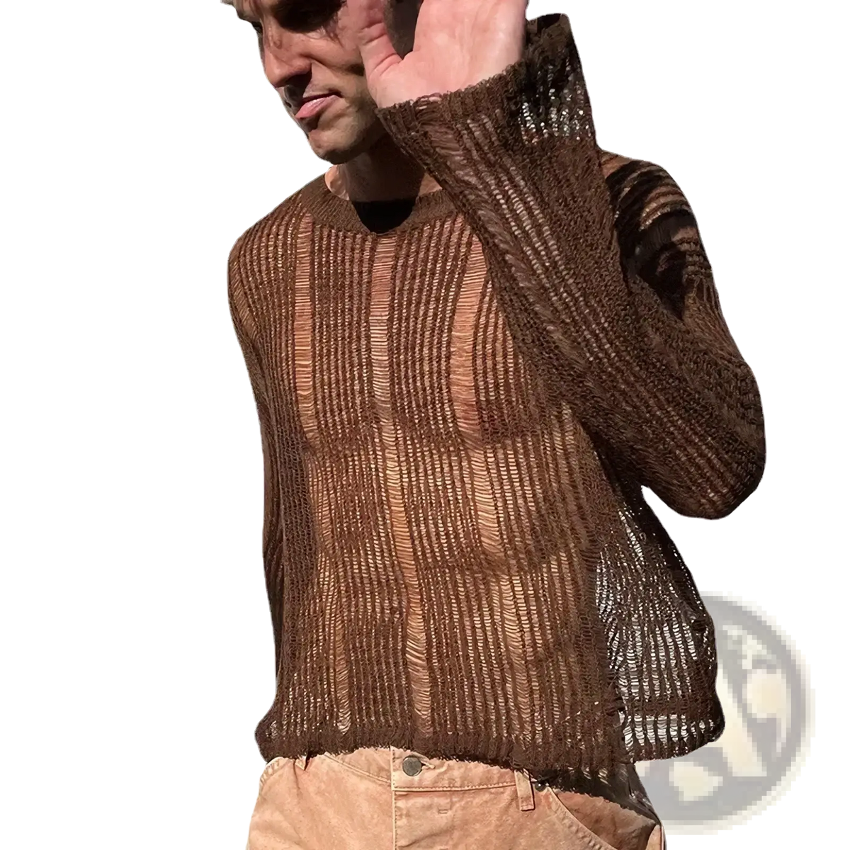 Mens brown sheer knit long sleeve top featuring a ribbed knit and semi transparent mesh like texture