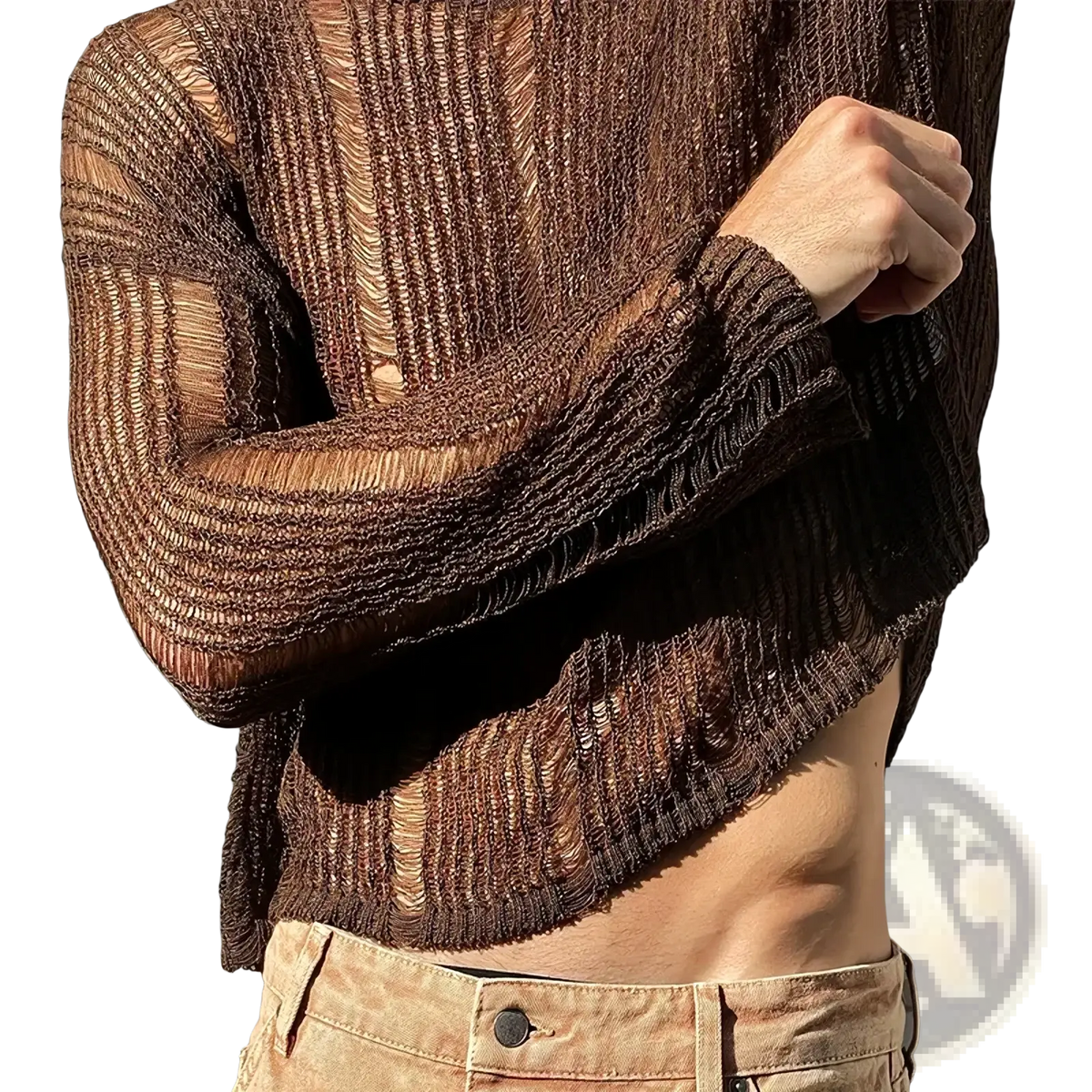 Mens brown sheer knit long sleeve top featuring a semi-transparent ribbed knitted sweater with an asymmetrical hem
