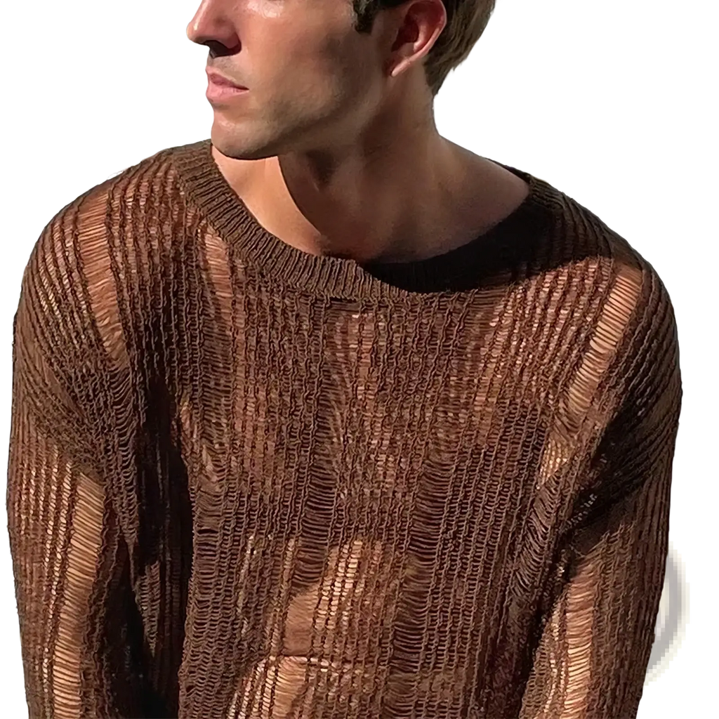 Mens brown sheer knit long sleeve top featuring a semi-transparent ribbed texture and black inner collar