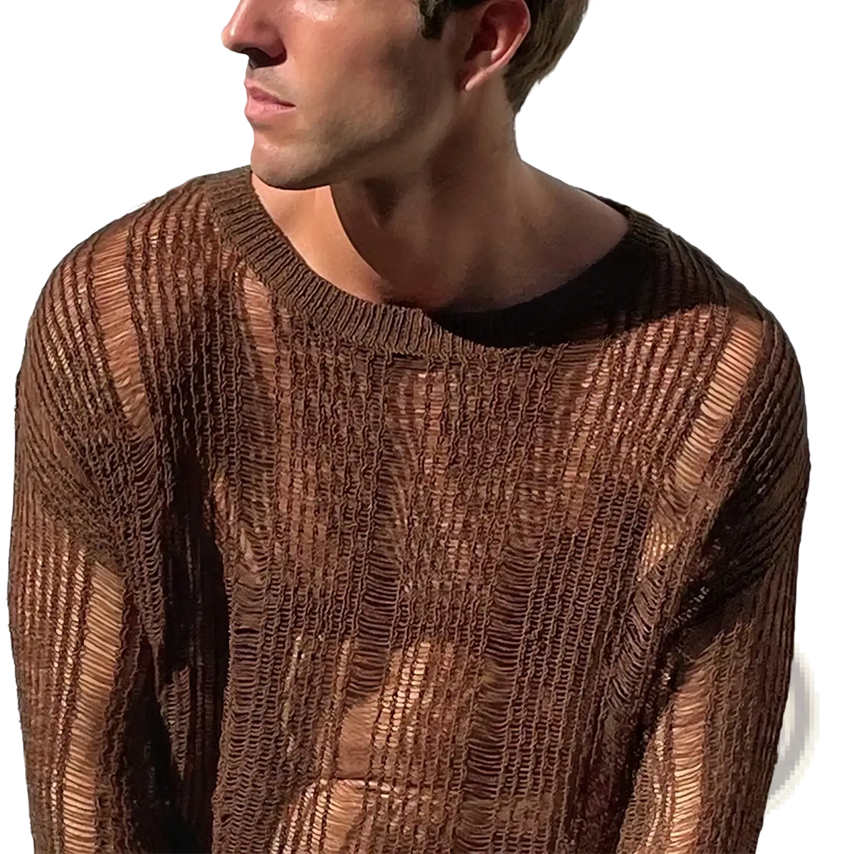 Mens brown sheer knit long sleeve top featuring a semi-transparent ribbed texture and black inner collar