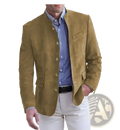 Men’s brown suede business casual blazer jacket with tan suede material gold-toned buttons and classic collar