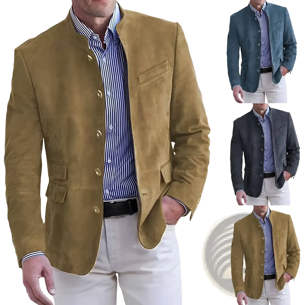 Men’s brown suede business casual blazer jacket featuring tan suede material gold-tone buttons and classic collar