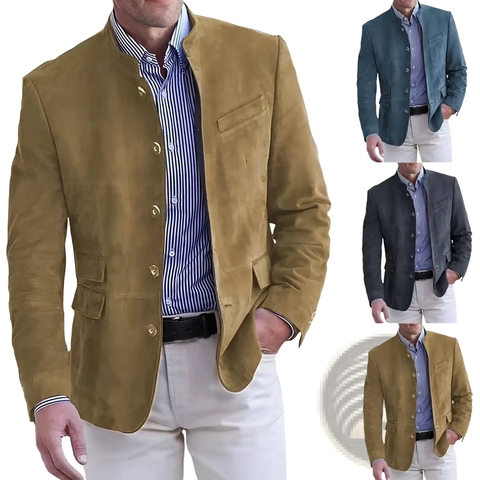 Men’s brown suede business casual blazer jacket featuring tan suede material gold-tone buttons and classic collar