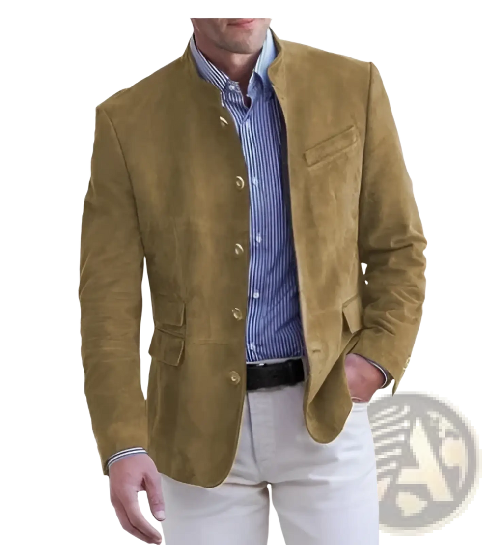 Men’s brown suede business casual blazer jacket featuring a tan suede fabric with gold-toned buttons and a classic collar