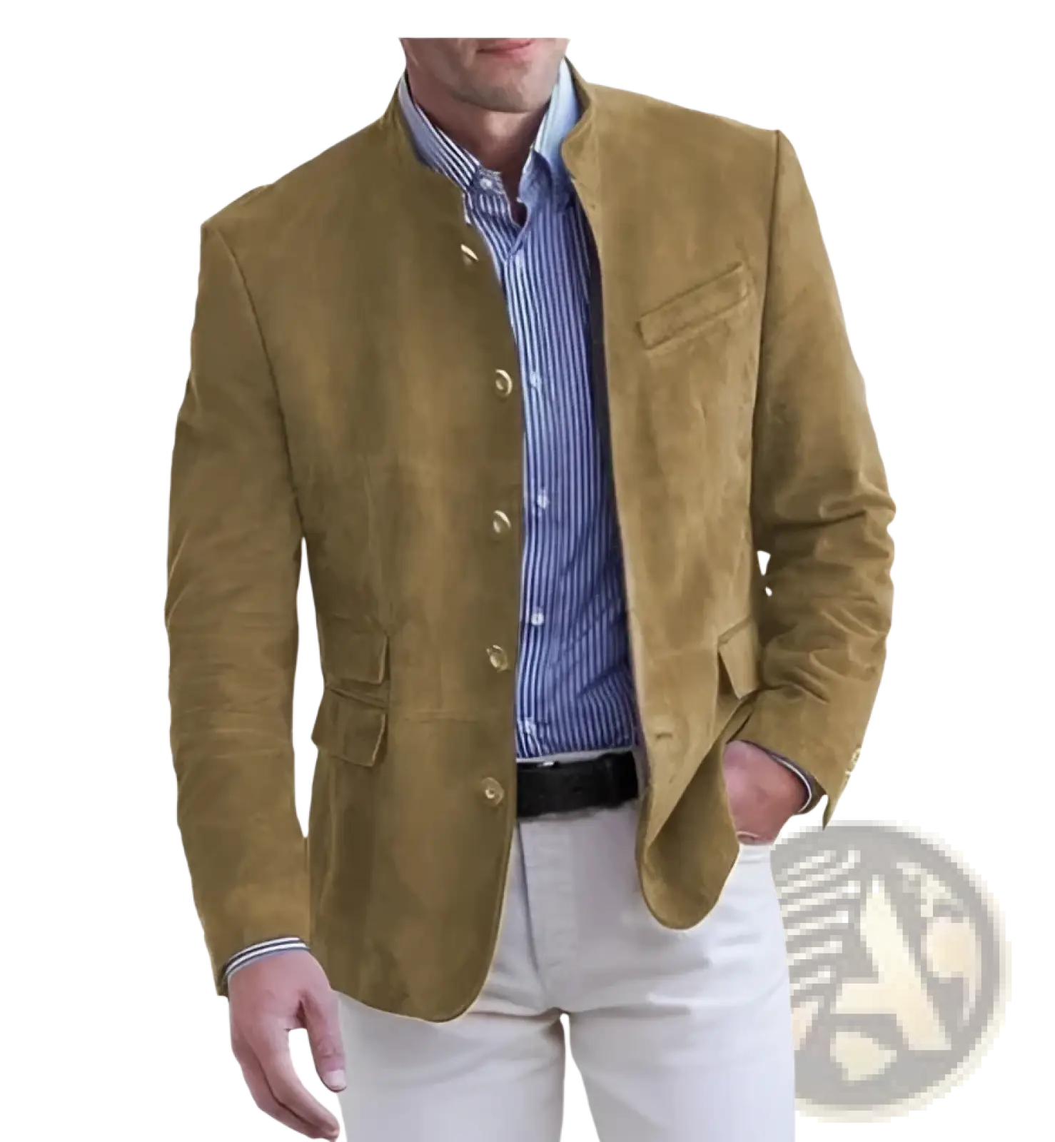 Men’s brown suede business casual blazer jacket featuring a tan suede fabric with gold-toned buttons and a classic collar
