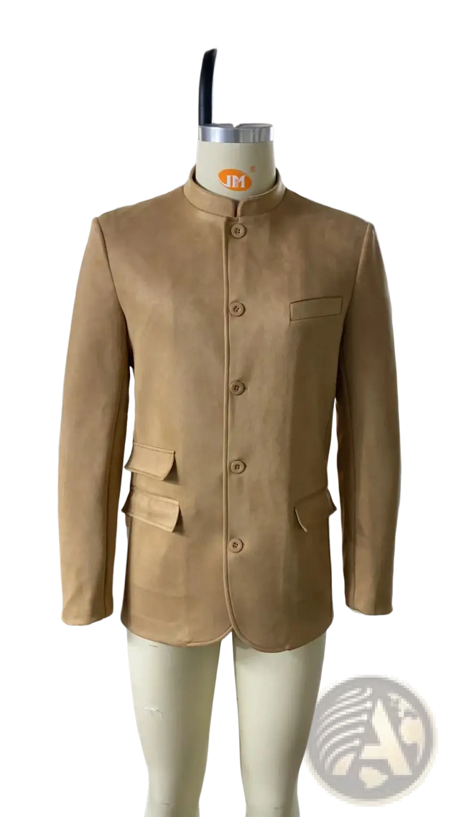 Men’s brown suede business casual blazer jacket with tan mandarin collar and five matching buttons