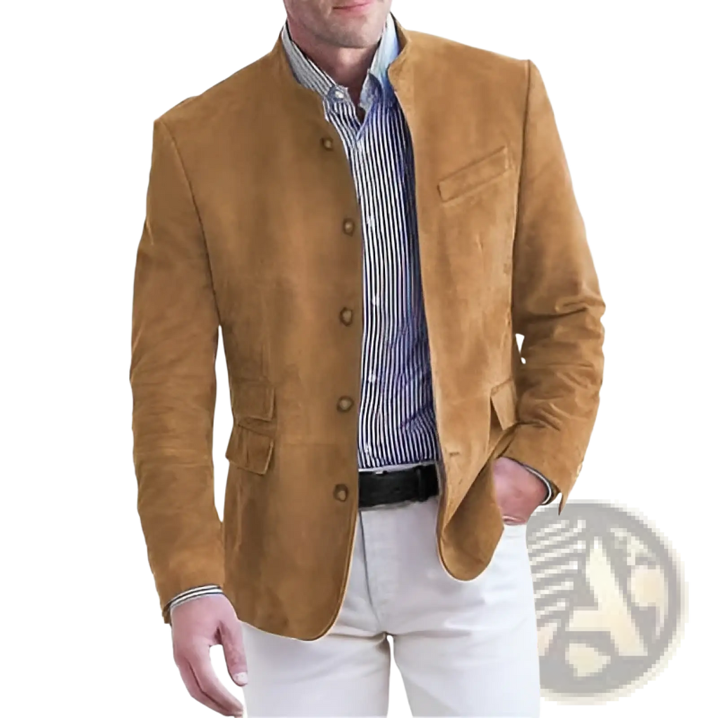 Men’s brown suede business casual blazer jacket with tan suede finish, button closure, and flap pockets