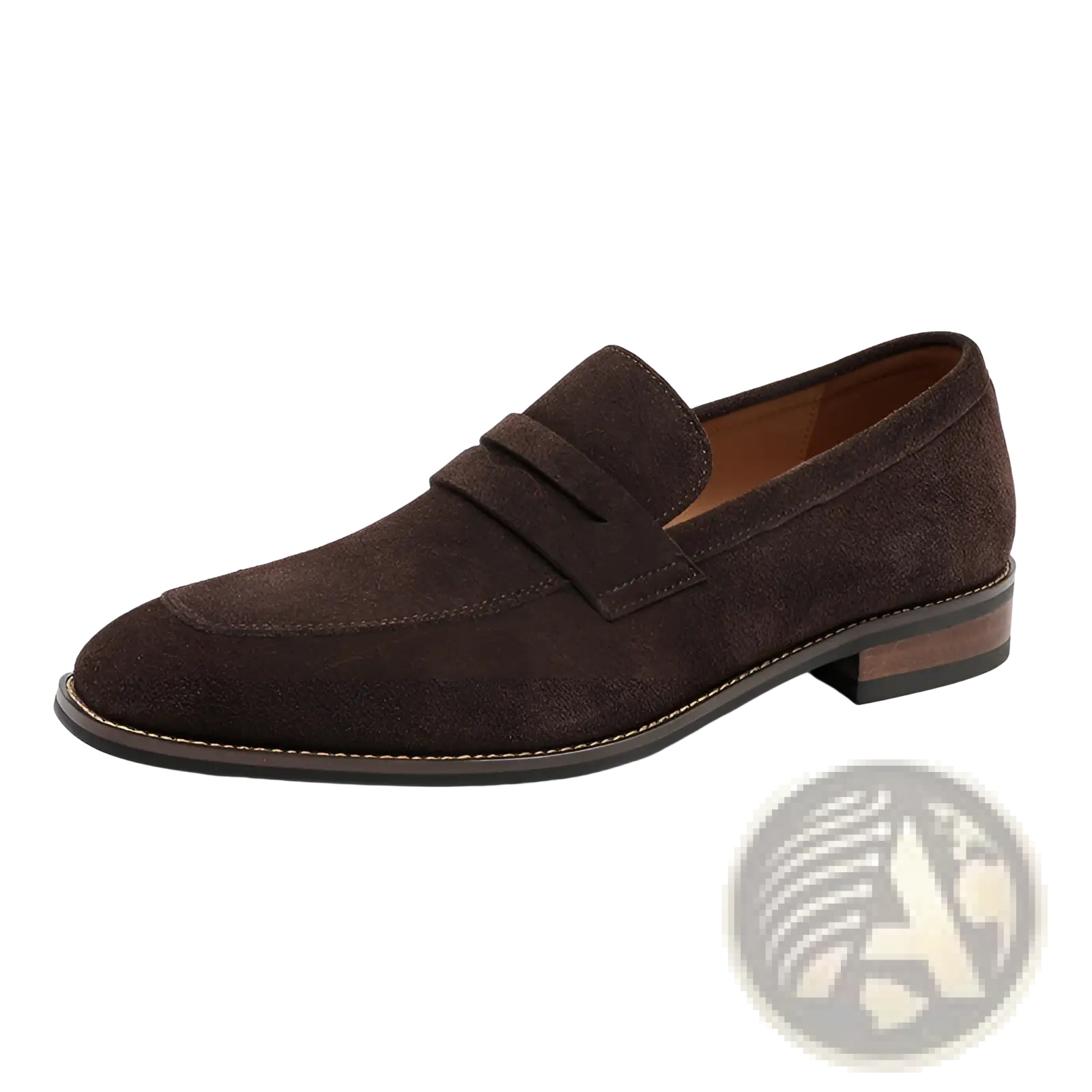 Men’s brown suede penny loafer with classic strap design and contrasting stitching for casual leather shoes