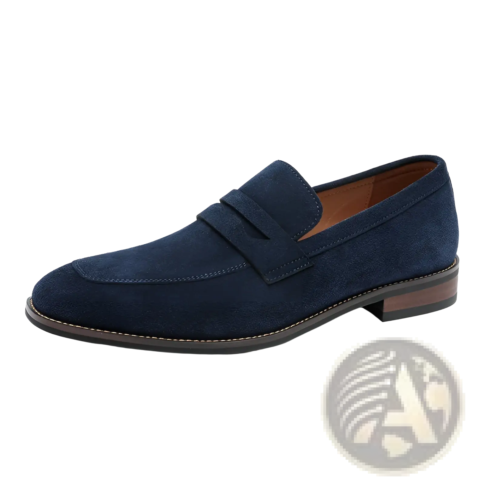 Men’s navy blue suede loafer with stitched leather strap and brown stitching along the sole for casual wear