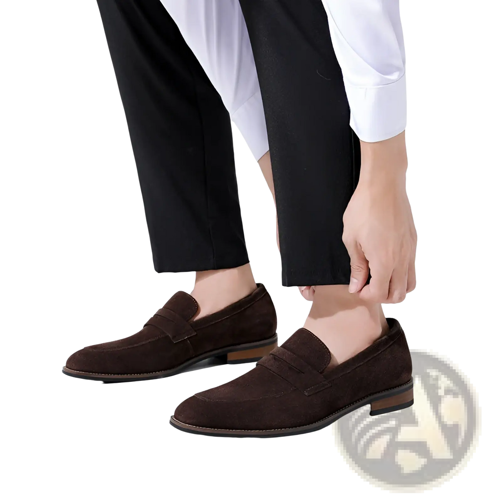 Men’s brown suede penny loafer casual leather shoes with a classic slip-on design and dark brown contrasting soles