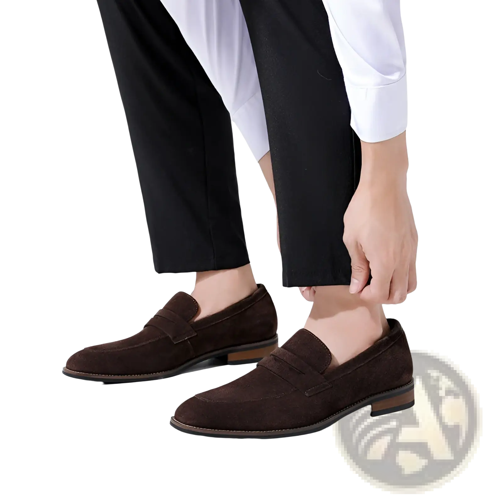 Men’s brown suede penny loafer casual leather shoes with a classic slip-on design and dark brown contrasting soles