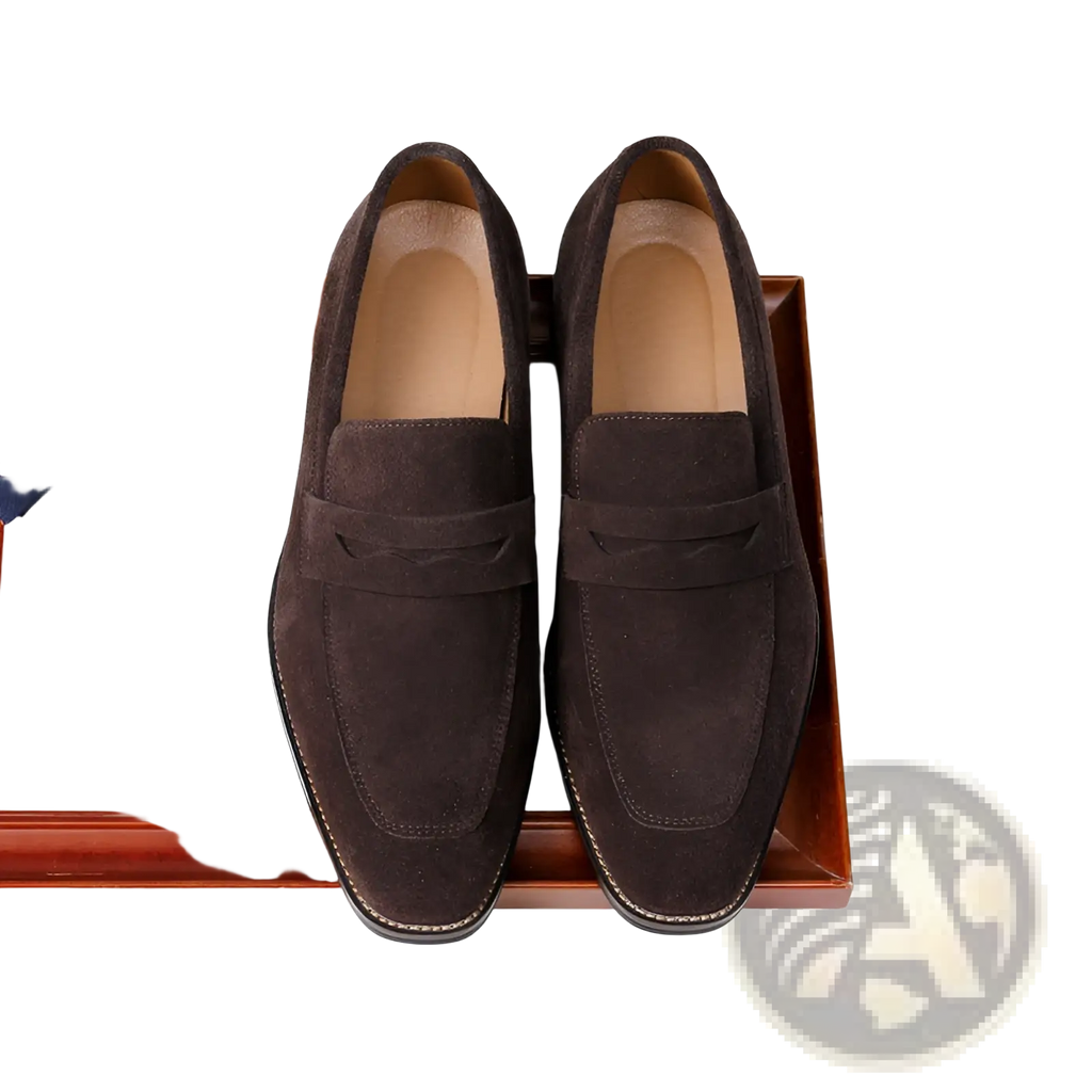 Men’s brown suede penny loafer casual leather shoes with stitched detailing and soft interior lining