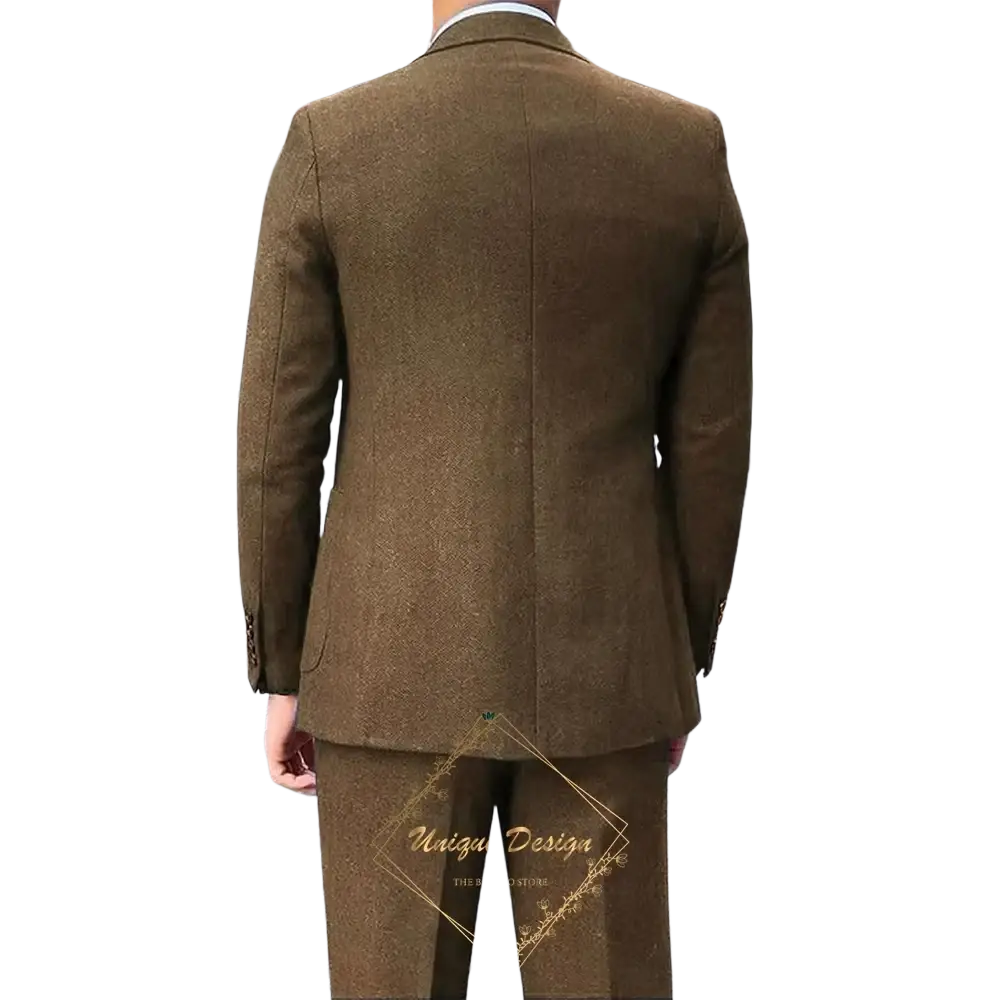 Men’s brown tweed 3-piece single breasted suit with subtle herringbone pattern and classic closure type perfect for drop shipping