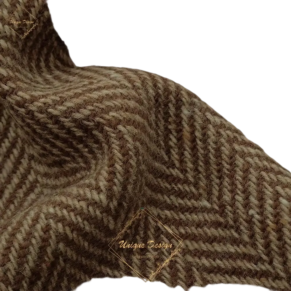 Men’s brown tweed 3-piece single breasted suit featuring a brown and beige herringbone wool fabric with textured woven pattern closure type drop shipping