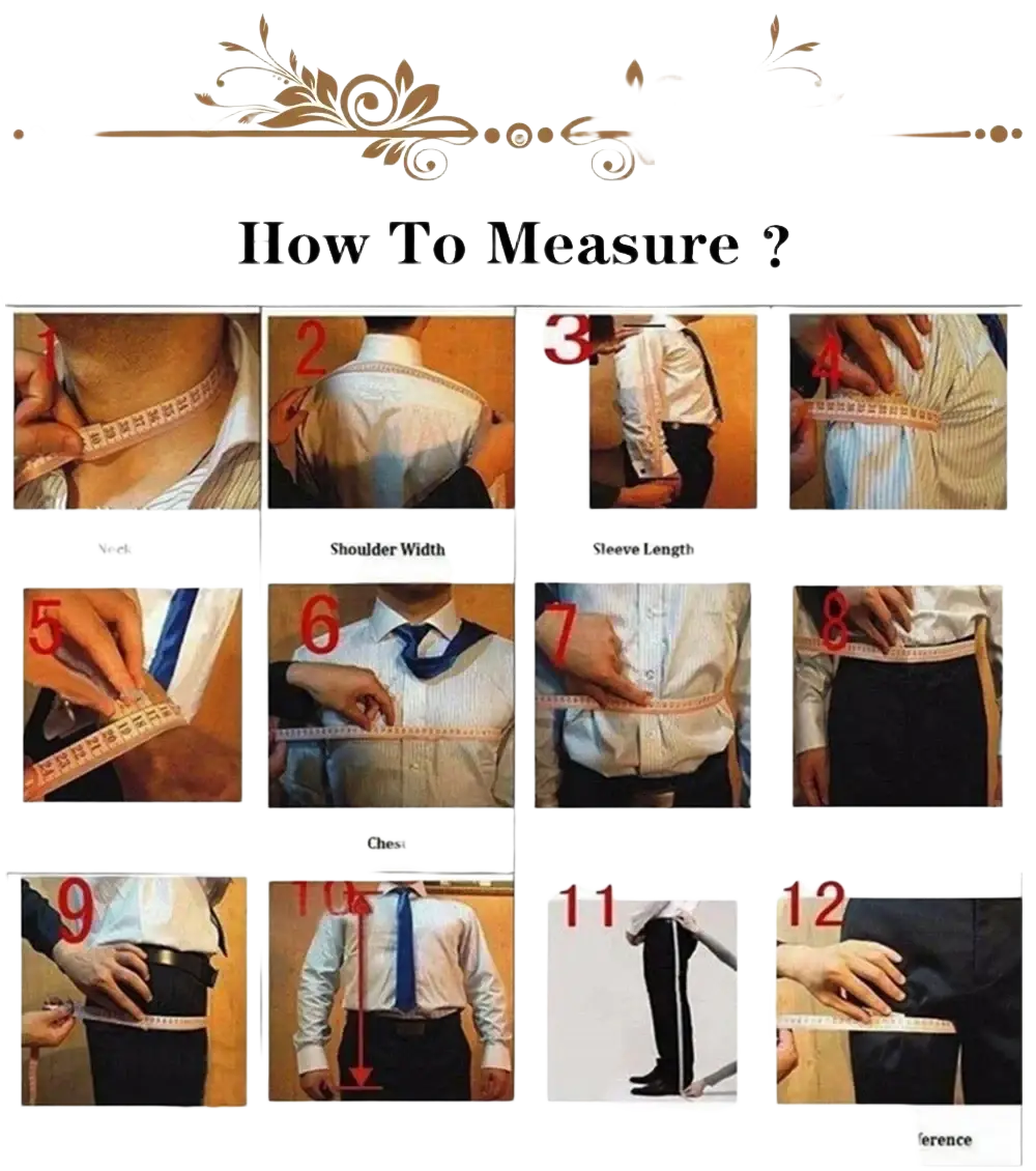 Instruction manual with step-by-step diagrams for measuring sizes of men’s brown tweed single breasted suit closure type
