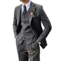 Men’s charcoal gray three-piece single breasted suit with textured woolen fabric and tailored closure type drop shipping