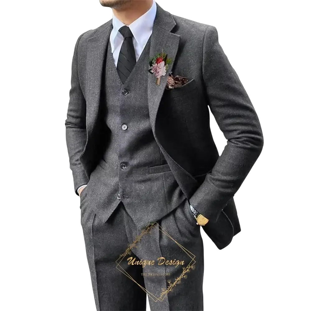 Men’s charcoal gray three-piece single breasted suit with textured woolen fabric and tailored closure type drop shipping