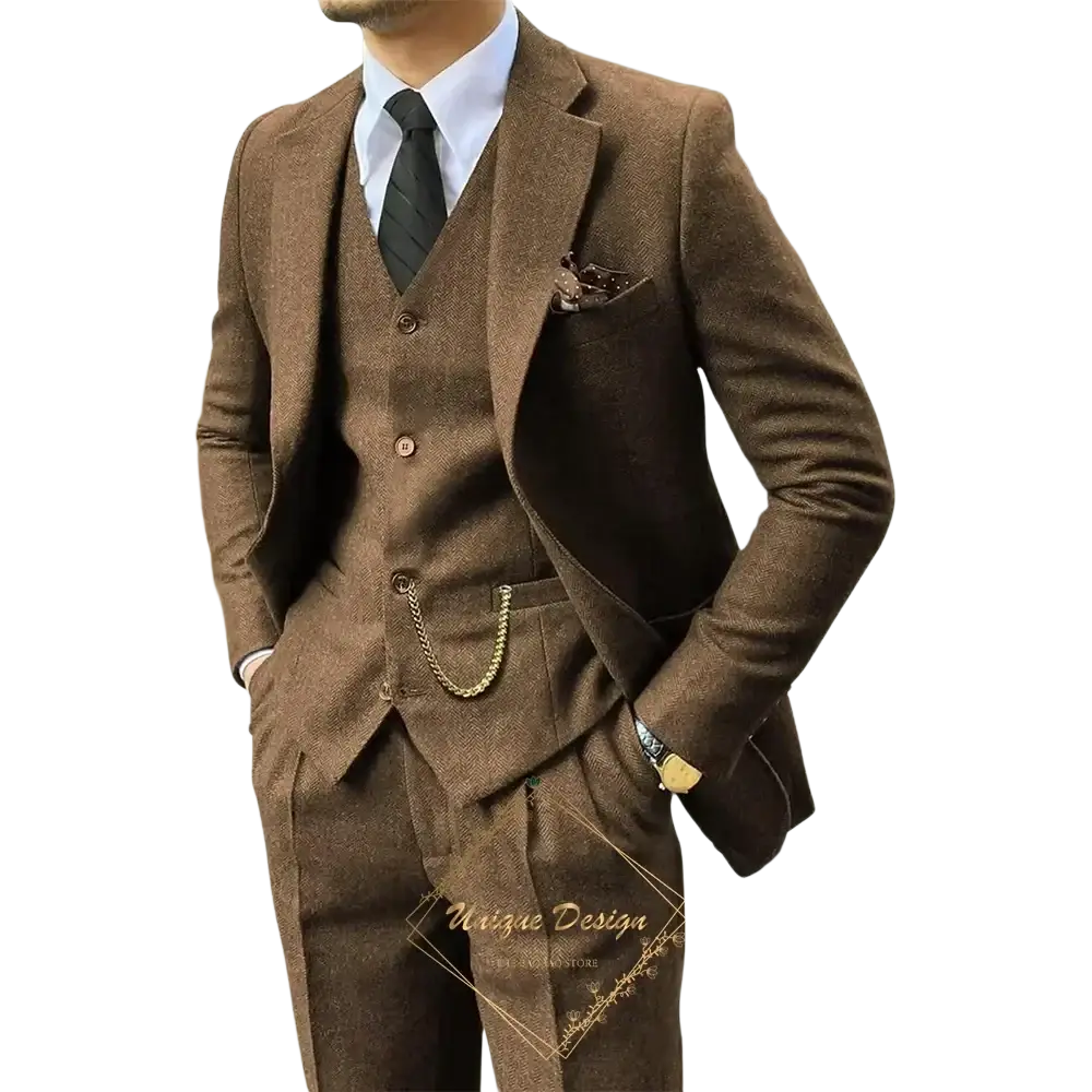 Men’s brown tweed three-piece single breasted suit with wool herringbone texture and single button closure for drop shipping