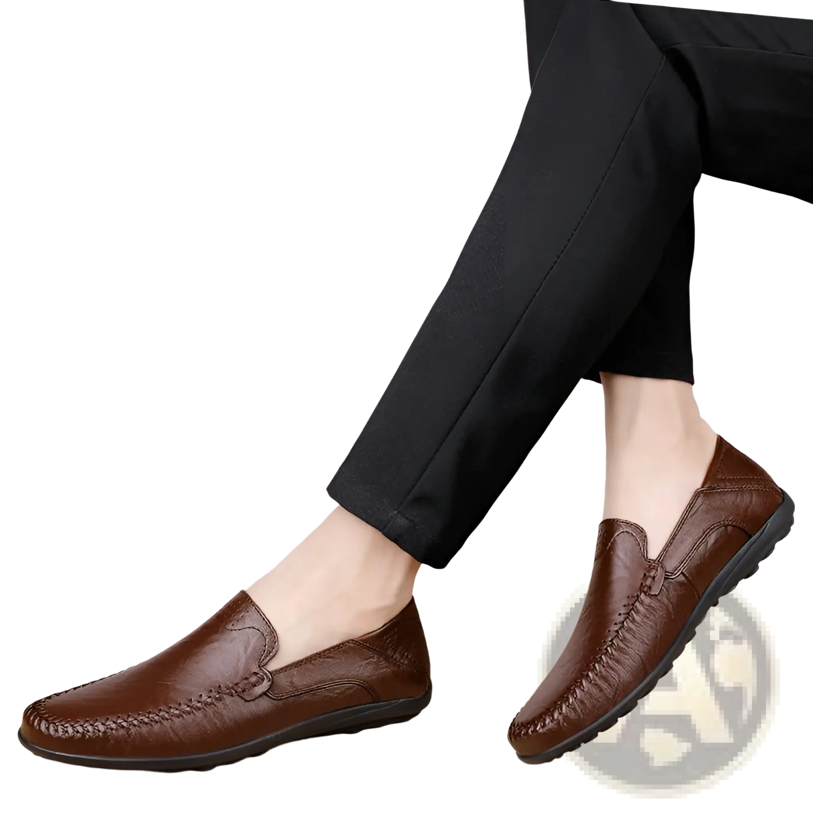 Men’s business casual cowhide leather slip-on loafers in brown with stitched design and black rubber soles