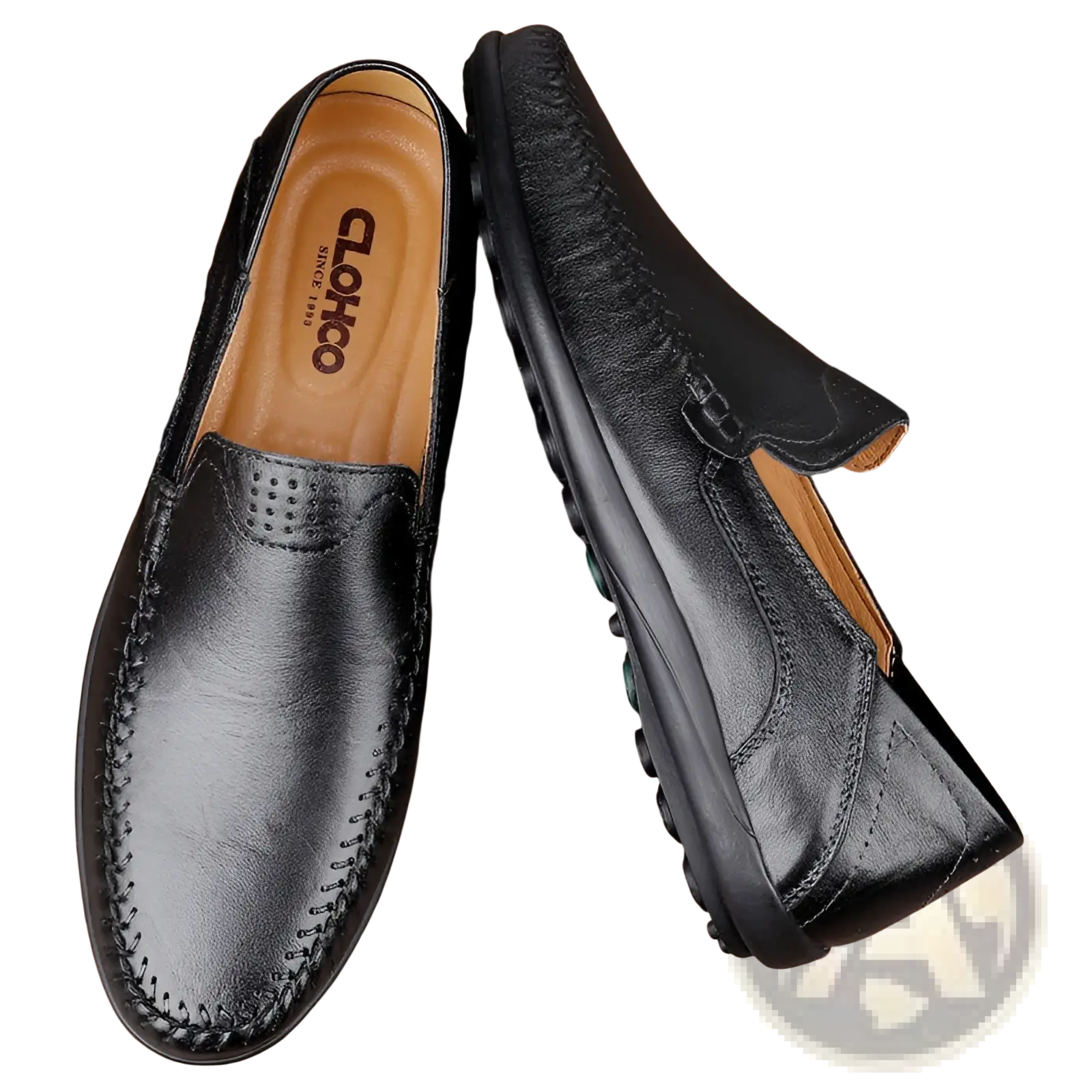 Black leather men’s business casual cowhide loafers with stitched detailing and tan interior lining