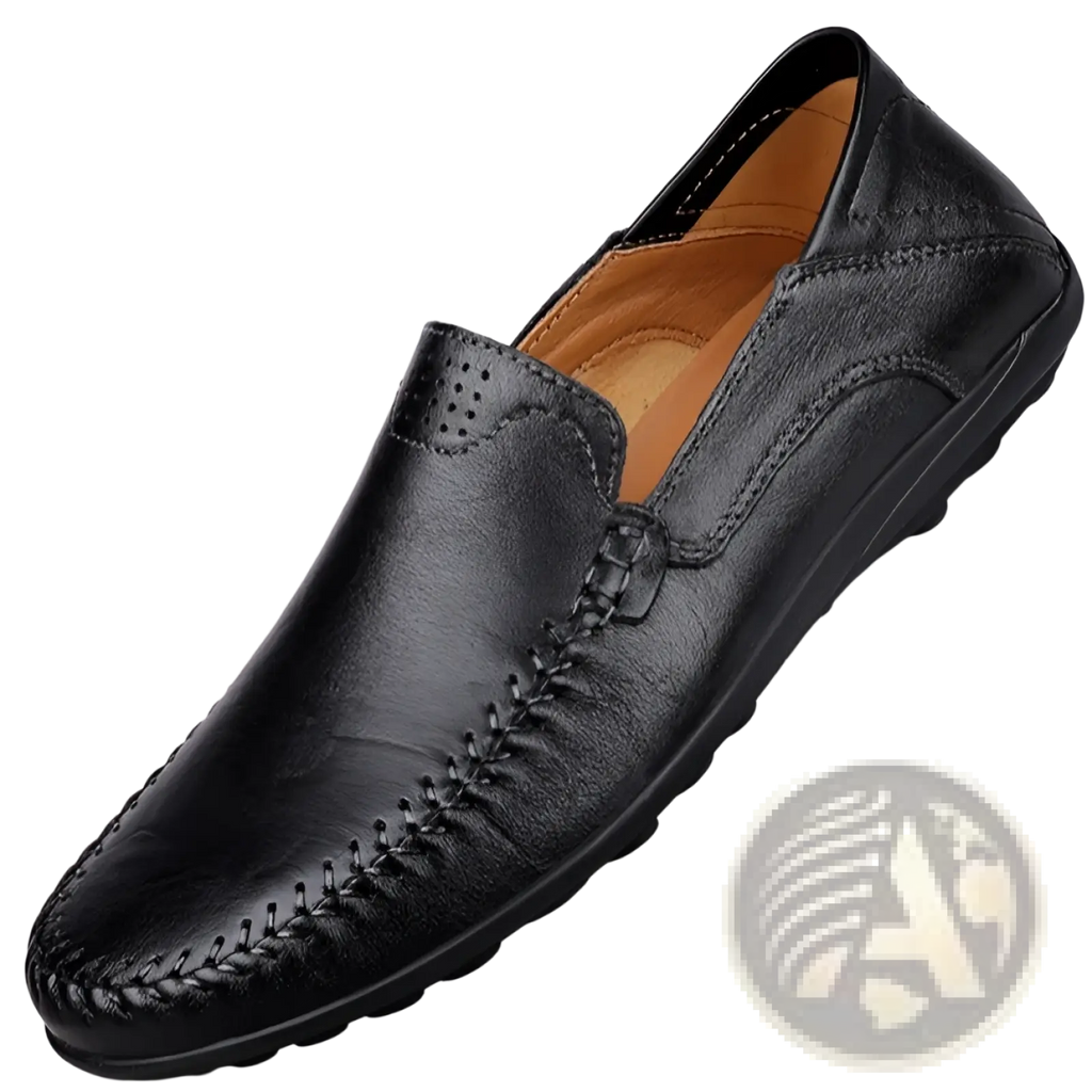 Men’s business casual cowhide leather slip-on loafer in black with stitched detailing and tan interior lining