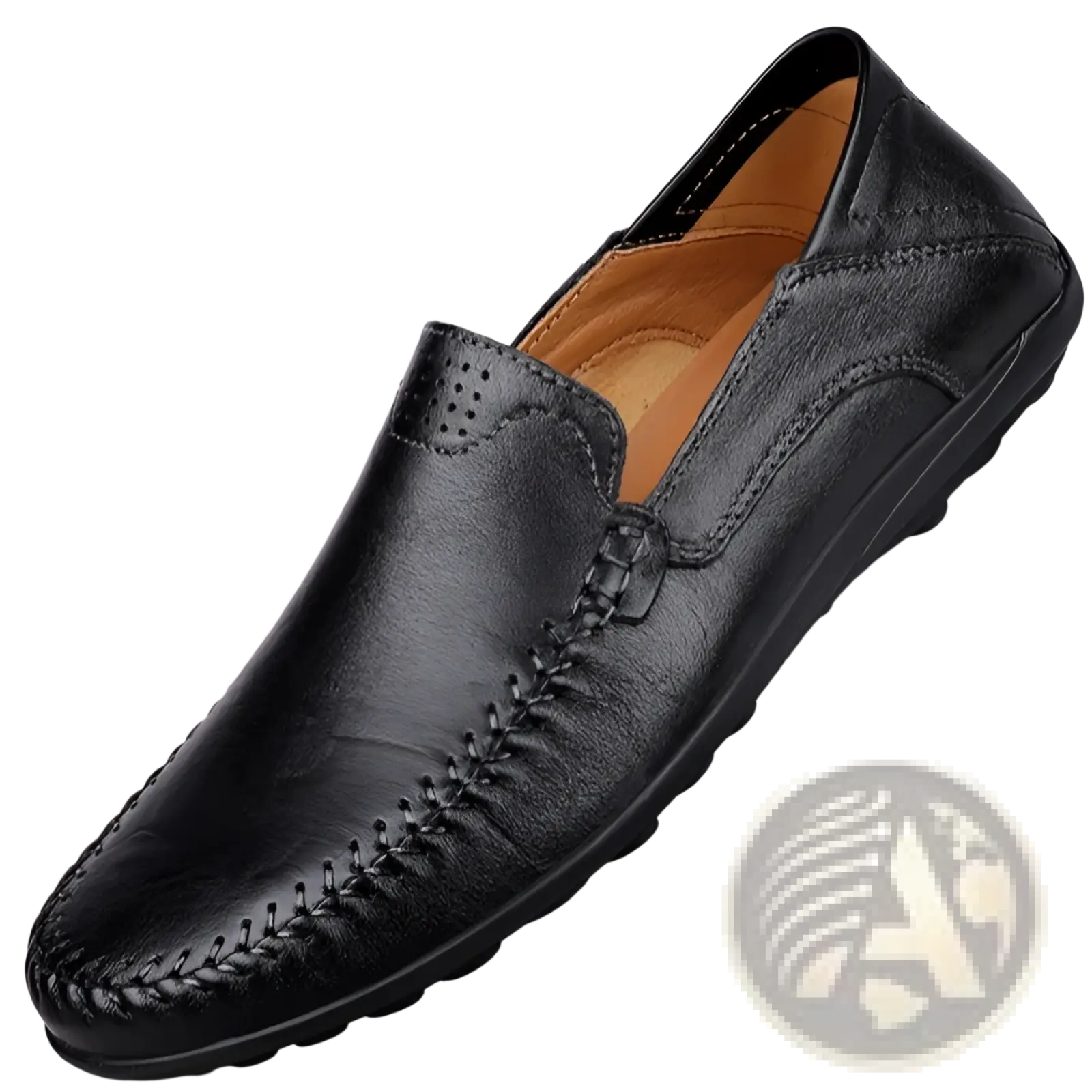 Men’s business casual cowhide leather slip-on loafer in black with stitched detailing and tan interior lining