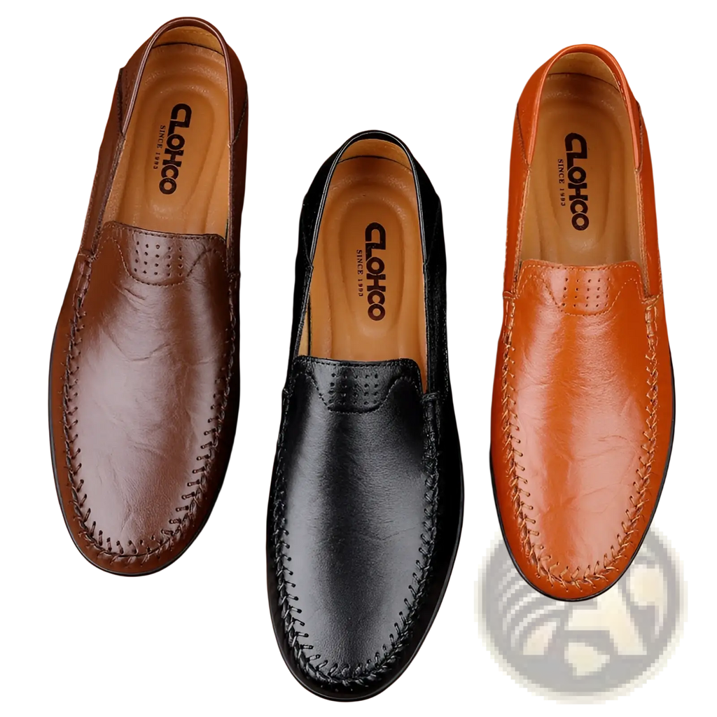 Three pairs of cloho men’s business casual cowhide leather slip-on loafers in brown black and orange with stitched detailing