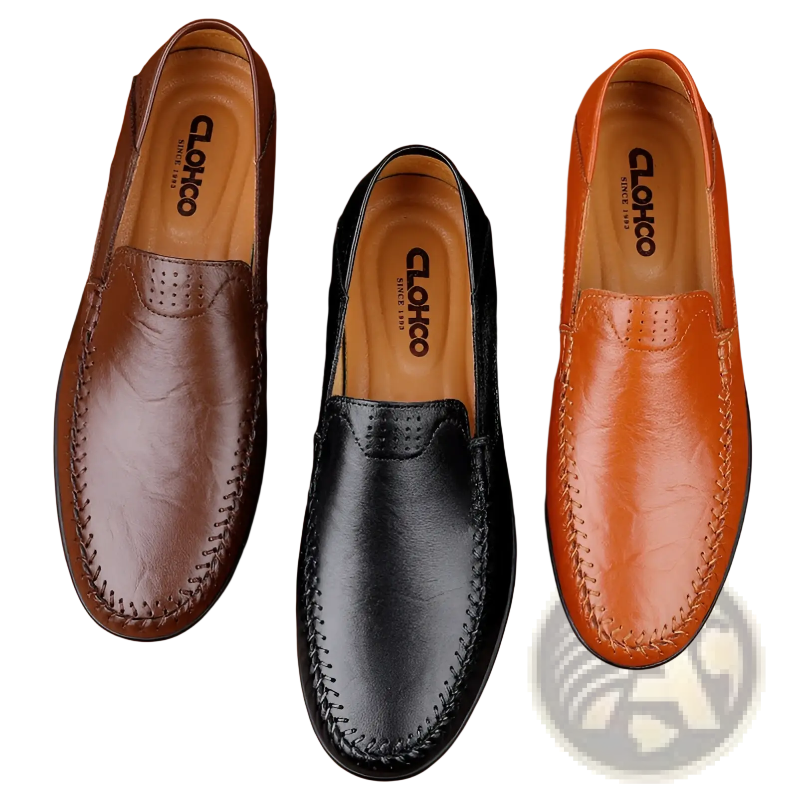 Three pairs of cloho men’s business casual cowhide leather slip-on loafers in brown black and orange with stitched detailing
